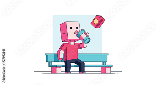 A vector illustration of a blocky, cubic character in a red shirt sitting on a teal bench and drinking from a cup, with a food box floating nearby.