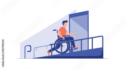 A man using a wheelchair independently moves up an accessibility ramp towards an open door in a flat vector style illustration.