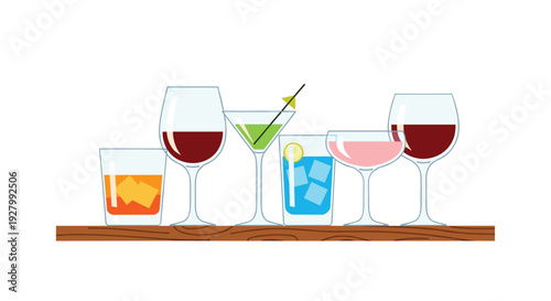 Six distinct cocktail glasses, filled with various colored beverages and some with garnishes, are neatly arranged on a light brown wooden shelf against a pure white background.