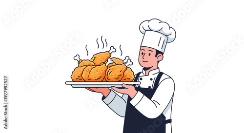 A smiling male cartoon chef, wearing a white toque and dark apron, confidently holds a large silver platter overflowing with steaming fried chicken drumsticks against a plain white background.