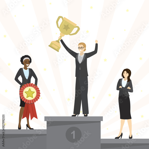 Women on podium. Winners and loser. Happy businesswoman with trophy. Successful employees with winner cup, medal. Award ceremony. Quality mark with star, best manager.