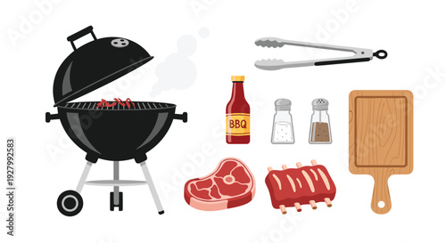 A complete set of barbecue essentials, featuring a smoking grill, tongs, condiments, a cutting board, and various cuts of meat, is displayed on a white background.