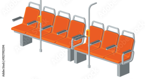 Six connected orange and grey public transport seats with two vertical poles and yellow stop buttons are displayed on a pristine white background.