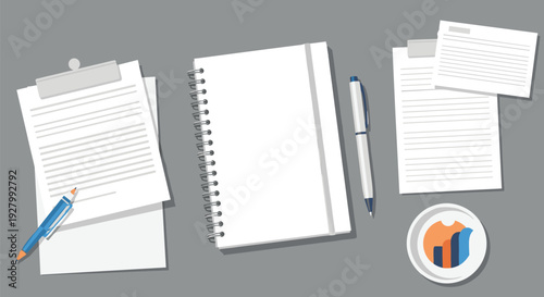 A flat lay displays various office supplies, including a clipboard, a spiral notebook, two pens, and a graphic coaster, arranged on a gray surface.