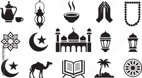 Islamic symbols and cultural elements presented as black silhouette icons