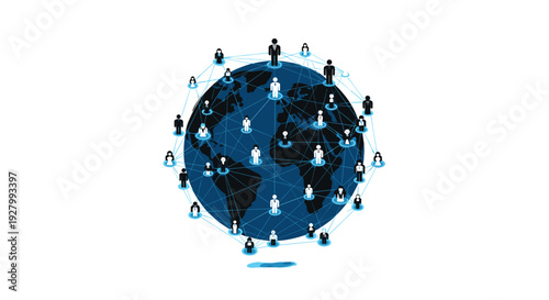 A vibrant blue globe is surrounded by and connected to numerous human avatar icons, illustrating a global communication network on a clean white background.
