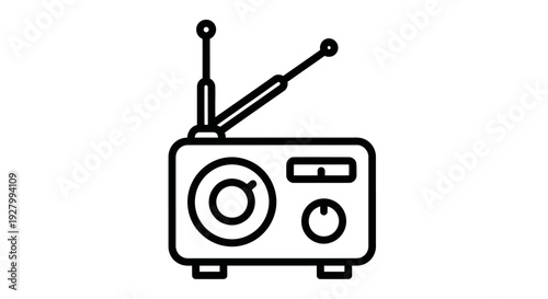 Simple black and white line art illustration of a vintage radio.