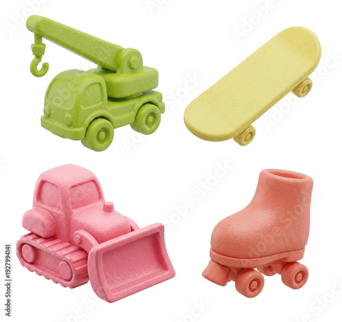 Playful Kids Toy Vehicle Set with Crane Truck, Skateboard and Bulldozer