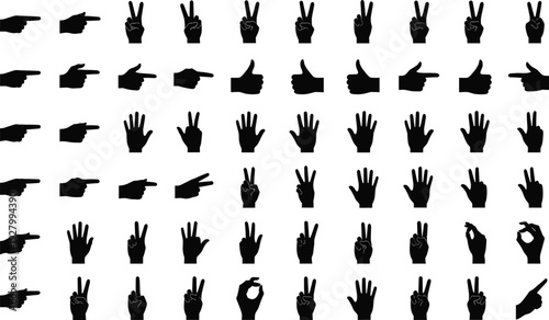 Comprehensive Collection of Black Human Hand Silhouettes Featuring Pointing Fingers Thumbs Up Victory Signs Counting Gestures and Communication Symbols for Graphic Design