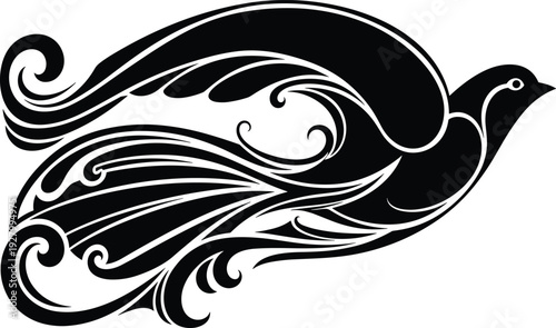 Elegant black bird silhouette with ornamental swirl patterns and decorative floral wings for artistic nature logos, tattoo designs, and creative branding.