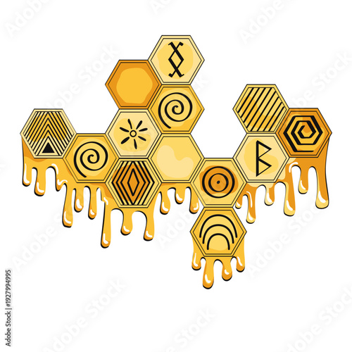 Honeycomb with bee honey decorated doodle ancient and tribal symbols. Organic and wild honey concept. Vector isolated hand drawn illustration.