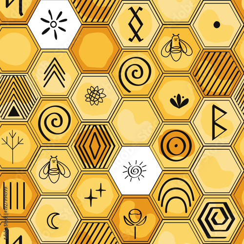 Honeycomb seamless pattern. Bee honey combs decorated doodle ancient and tribal symbols abckground. Organic and wild honey concept. Vector hand drawn illustration