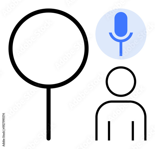Speech recognition, user experience, voice assistant, search technology, digital interface, AI tools. Microphone icon beside person silhouette and magnifying glass. Speech recognition and user
