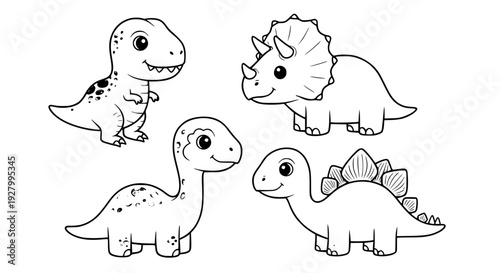 Cute kawaii dinosaur vector set, baby t-rex, triceratops, brontosaurus and stegosaurus