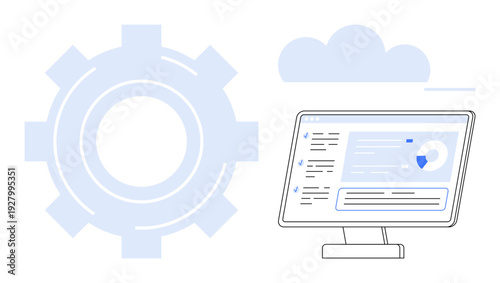 Technology, data analysis, cloud solutions, process optimization, software systems, digital workflow. Gear icon, cloud and computer screen displaying analytics. Technology and data analysis concept