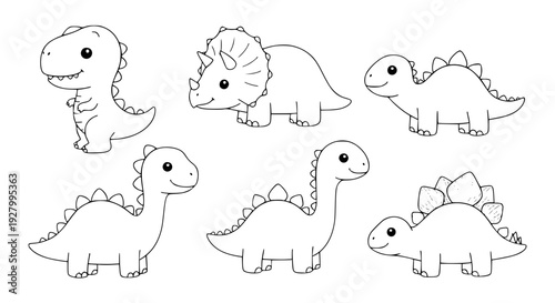 Cute kawaii dinosaur vector set, baby t-rex, triceratops, brontosaurus and stegosaurus