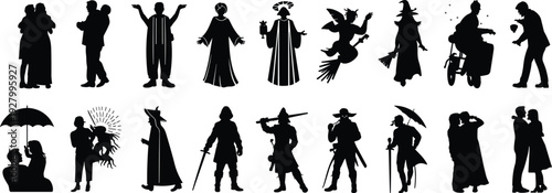Black silhouette collection of diverse characters, including fantasy wizards, historical knights, romantic couples, and mythological figures, isolated on white background for creative design.