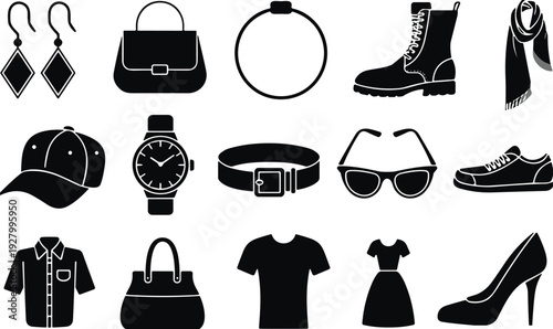 Black silhouette collection of fashion accessories and clothing icons, including shoes, bags, jewelry, watches, eyewear, and apparel, isolated on white background vector set,