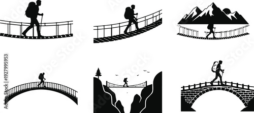 Black silhouette collection of hikers with backpacks crossing suspension and stone bridges, mountain trekking adventure, outdoor nature exploration vector icons set, isolated,