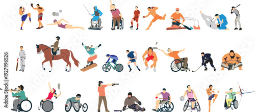 Diverse, collection, of, flat, vector, illustrations, featuring, men, and, women, with, disabilities, and, able, bodies, participating, in, various, professional, sports, and, para-sports.