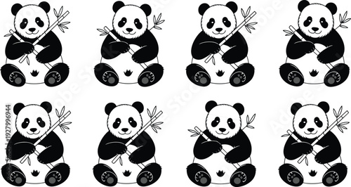 Set of cute panda cartoon illustrations holding bamboo sticks on white background for kids puzzle games find the odd one out difference