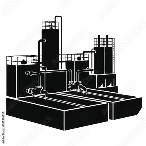Industrial water treatment plant with multiple tanks and piping system.