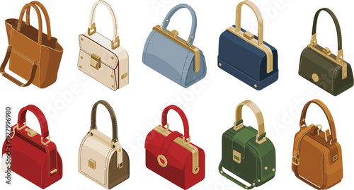 Set of elegant isometric leather handbags and fashion purses in various colors for retail shopping luxury accessory design and female style illustration