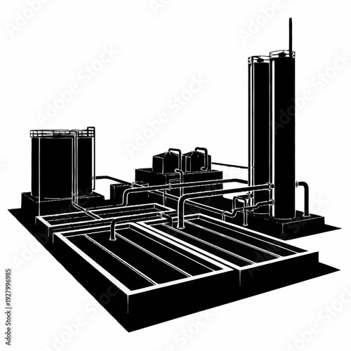Industrial water treatment plant with tanks and pipes.