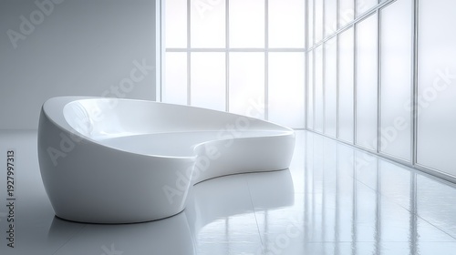 A minimalist stage or gallery space is used for an exhibition space to show how artwork or industrial designs would look in a modern gallery.