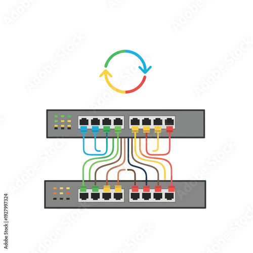 Network switches connected by colorful cables with a cycle icon