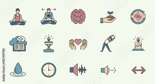 Colorful Vector Icons Representing Mindfulness Wellness and Meditation Concepts.