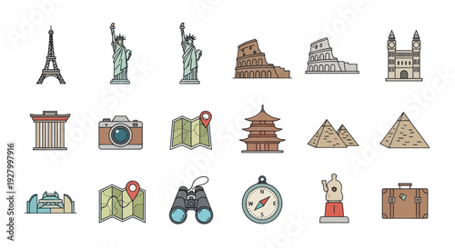 A colorful set of hand-drawn doodle icons featuring famous world landmarks and essential travel accessories.