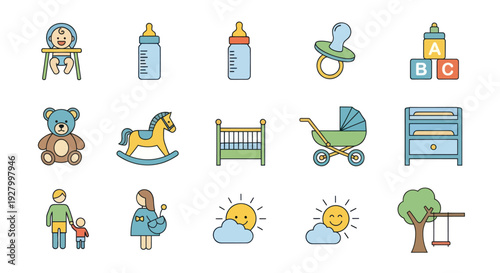 Colorful Baby and Childhood Essentials Icon Set: Bottles Pacifier Crib Stroller Toys and Family.