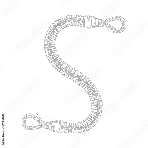 Stretchable coiled elastic cord with metal hooks at both ends isolated on white background