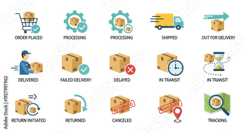 Set of Icons Illustrating Shipping and Delivery Process Stages.