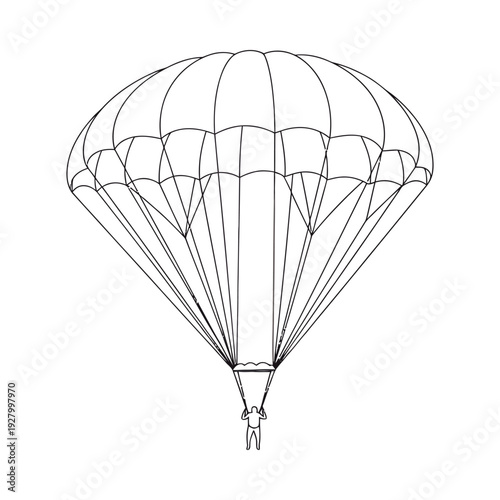 Parachutist descending with open parachute in simple line drawing style against plain white background adventure concept