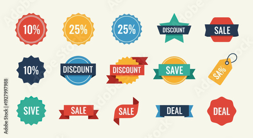 Colorful Discount and Sale Badges with Percentage Values.