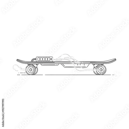 Sleek skateboard with streamlined design and wheels side view illustration on white background with subtle shading and minimalist style