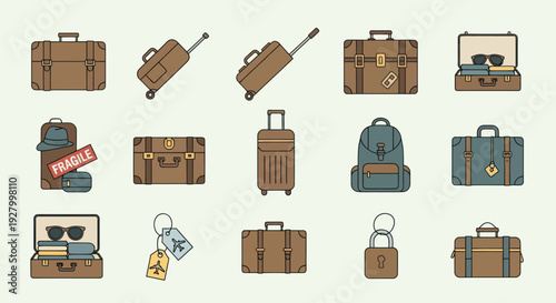 Colorful flat icon set of travel luggage suitcases backpacks and baggage for vacation and journey.