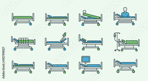 Collection of Hospital Bed Illustrations with Adjustable Features and Medical Equipment.