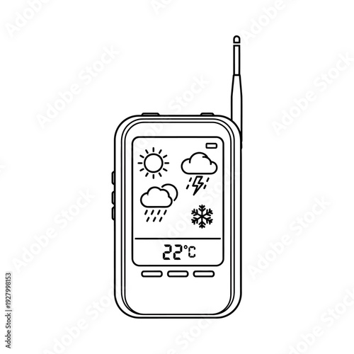 Handheld weather station device showing various weather conditions and temperature on screen with antenna