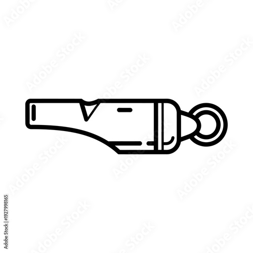 Simple black and white line drawing of a whistle on a white background illustrating a basic safety device or signaling tool