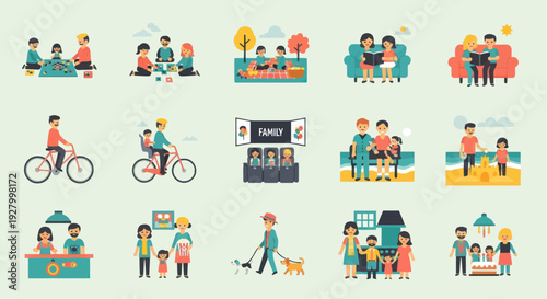 Flat vector icon set illustrating family life leisure and recreational activities together.