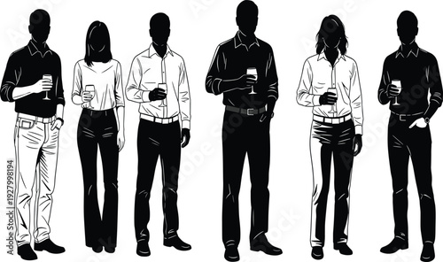 Vector silhouettes of diverse young professionals in business casual attire standing and holding wine glasses at a social corporate networking party event