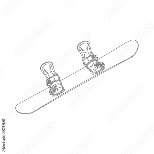 Snowboard with bindings illustrated in simple line art style on white background perfect for winter sports designs