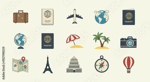 A colorful flat design icon set for travel tourism and vacation with passport globe and airplane symbols.