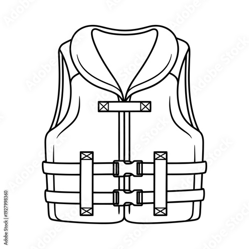 Black and white illustration of a life jacket with straps and buckles safety equipment for water activities front view detailed drawing high contrast monochrome isolated on white background
