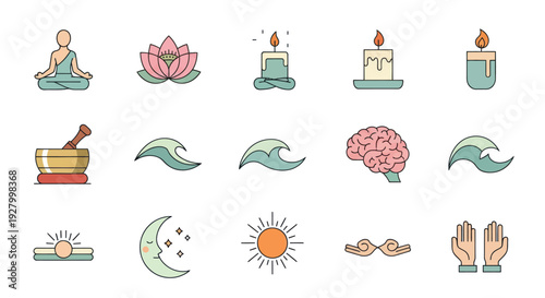 Colorful Spiritual and Wellness Icons Collection in Flat Hand-Drawn Style.
