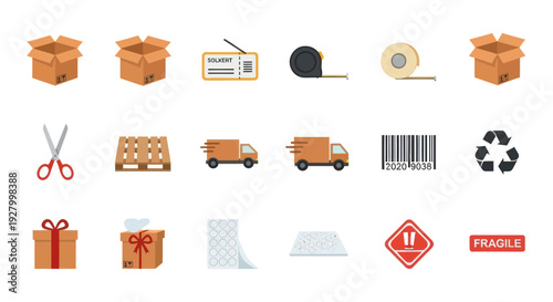 Colorful flat icon set for logistics shipping and parcel delivery services.