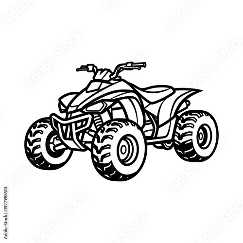 Dynamic black and white illustration of a rugged atv quad bike with bold lines and large tires showcasing off road adventure and recreational excitement on a clean white background
